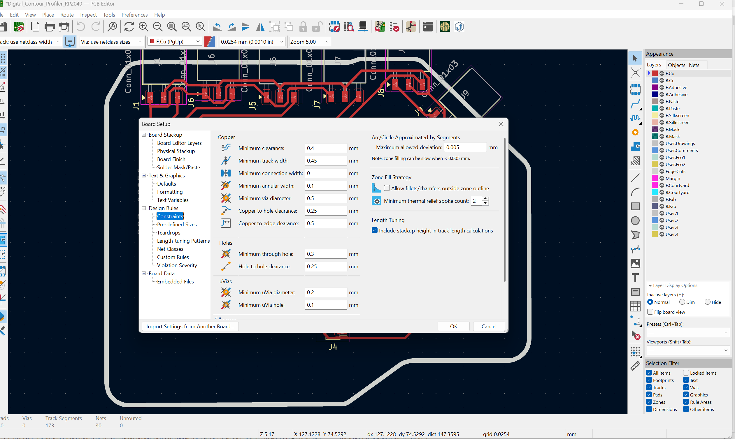 Double checking the constraints , clearance and minimum trace width
