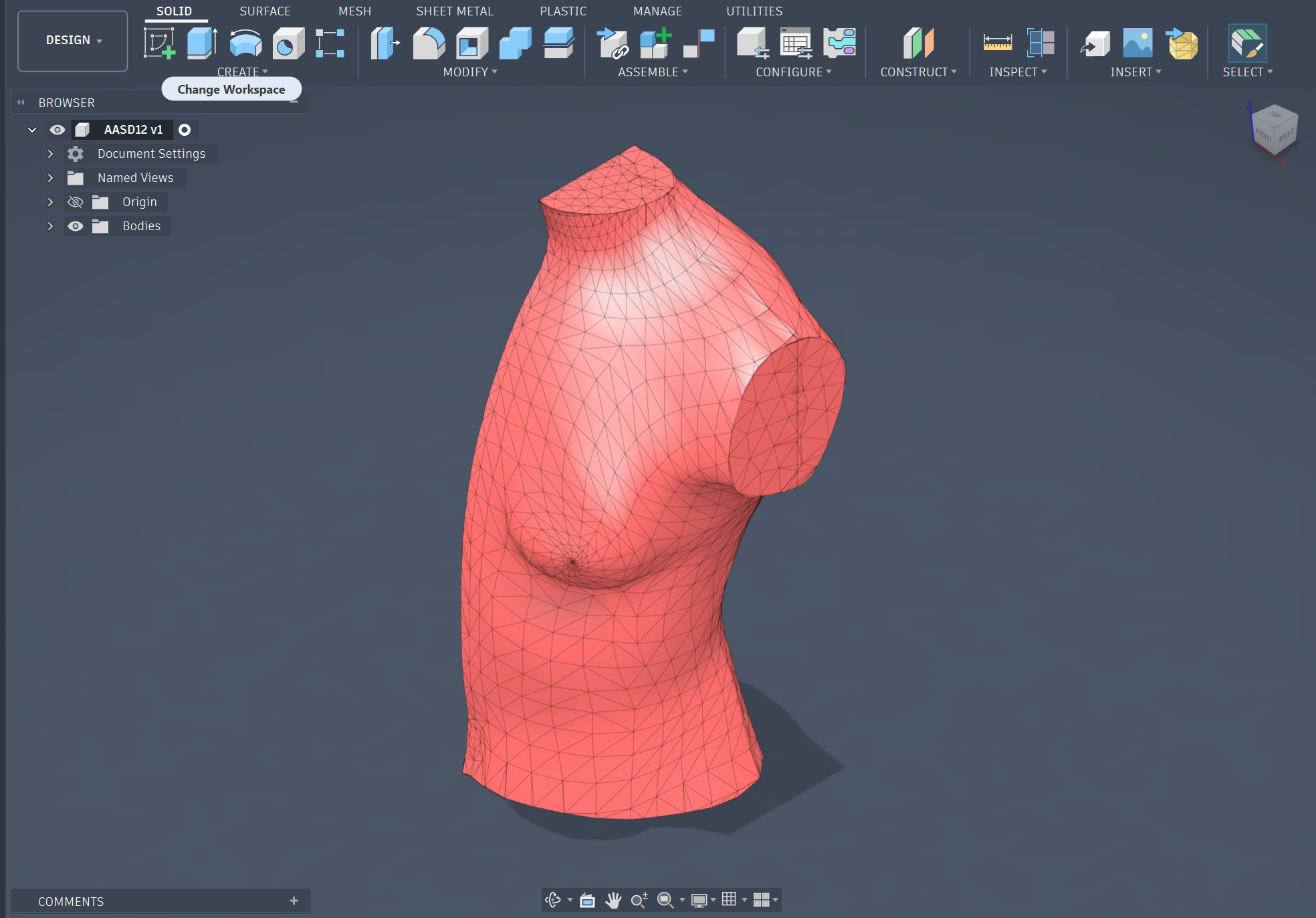Dense red triangular wireframe mesh of a MakeHuman torso model imported into Fusion 360