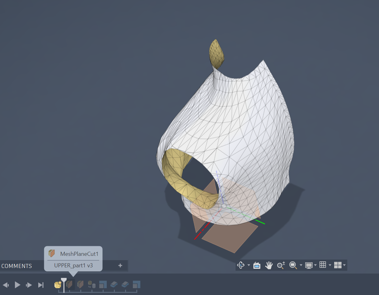 Mesh Plane Cut tool active in Fusion 360, slicing the torso mesh horizontally
