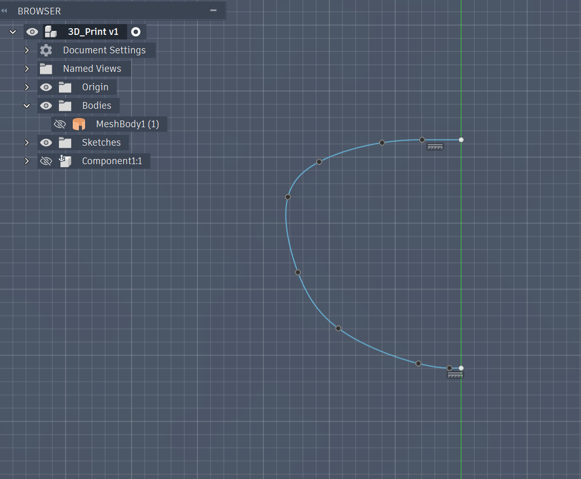 A parametric 2D sketch grid showing a precise spline curve tracing the horizontal profile