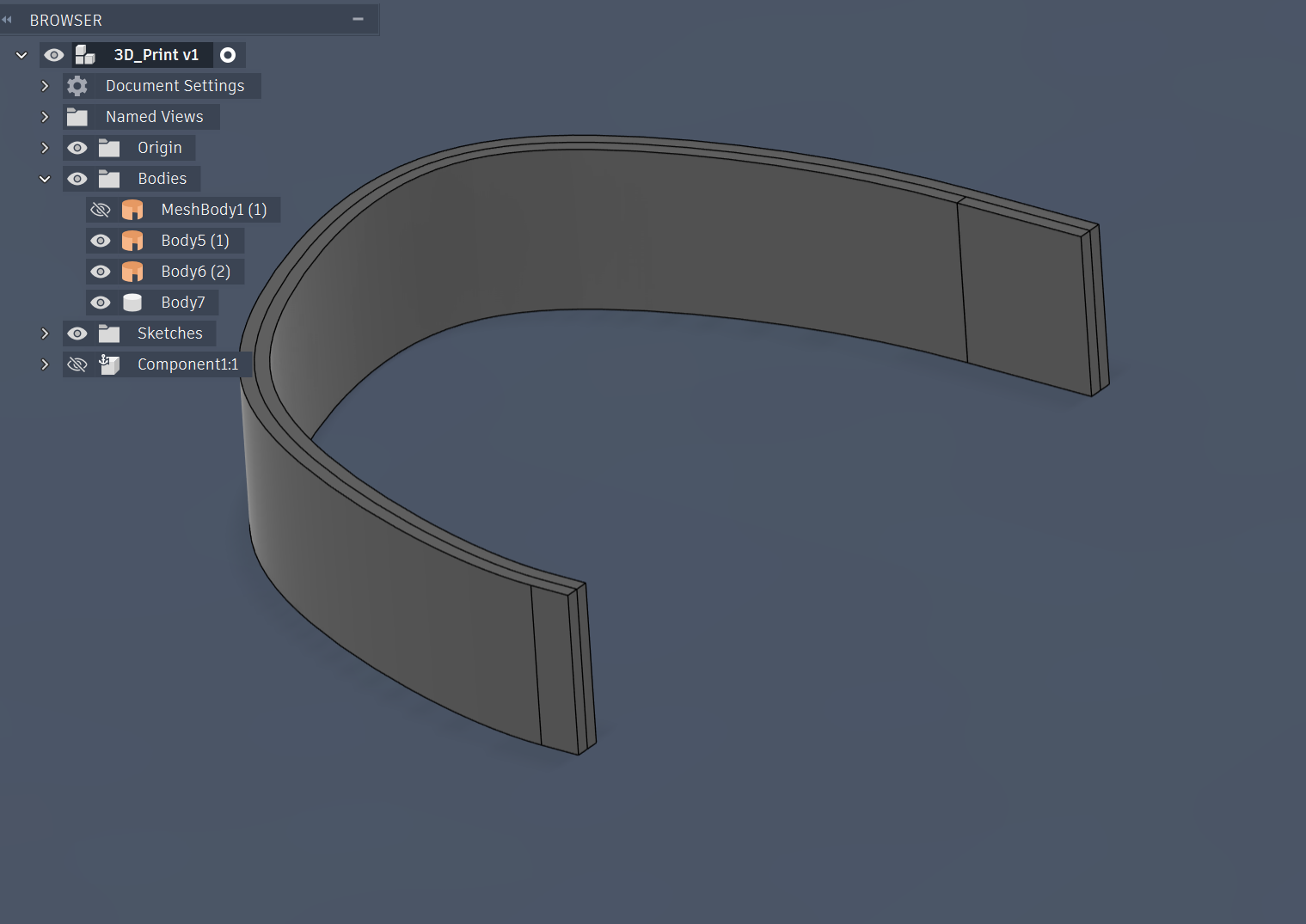 The final parametric solid body component — a clean crescent panel