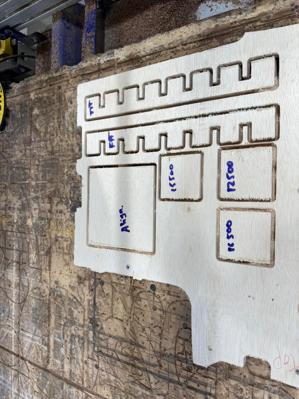 Completed clearance slots grid piece showing offset steps printed onto wood panel