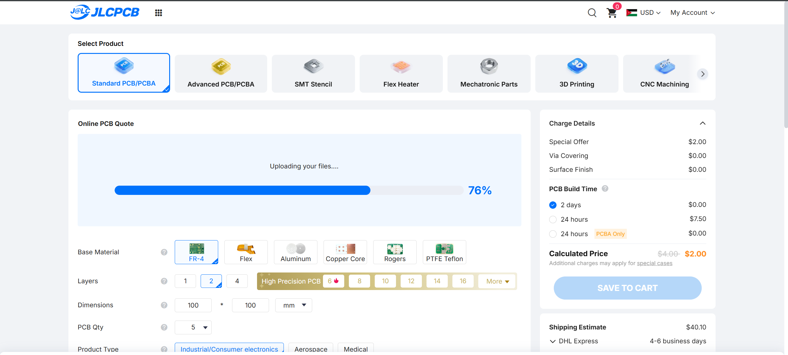 JLCPCB online quote page showing file upload progress bar at 76 percent