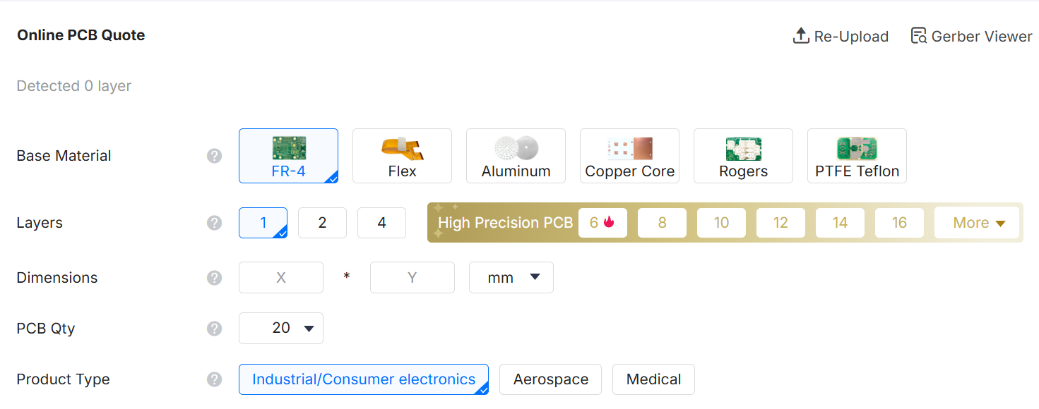 PCB quote interface showing base material selection FR-4 and 1 layer configuration