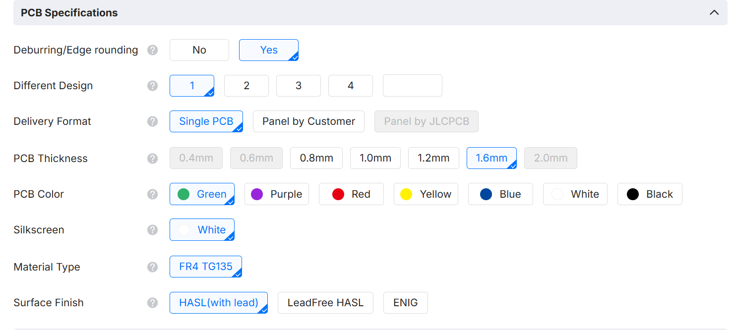 PCB specifications panel showing green color selection and HASL with lead surface finish
