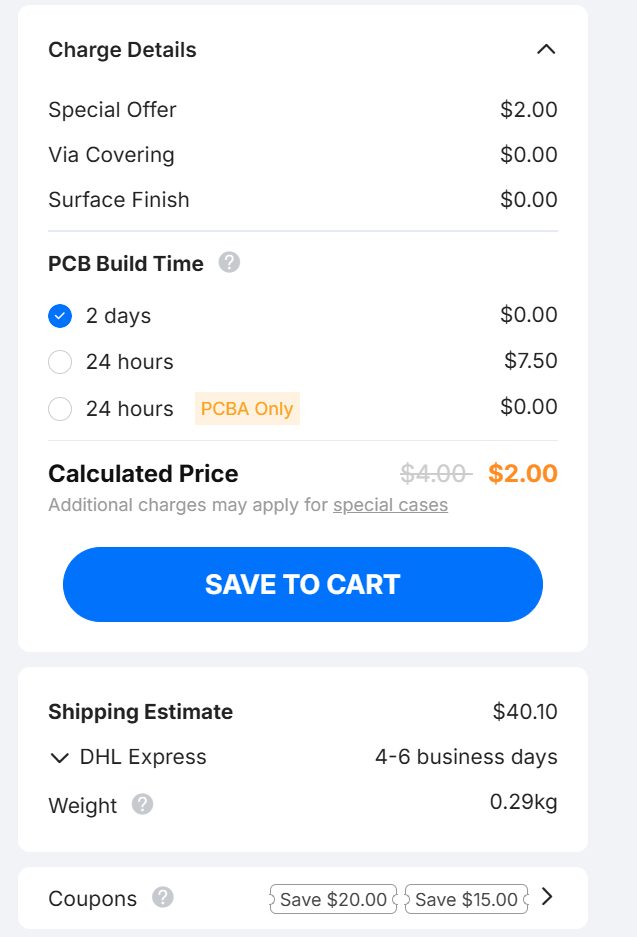 Detailed view of order summary with Save to Cart button and coupon code selections