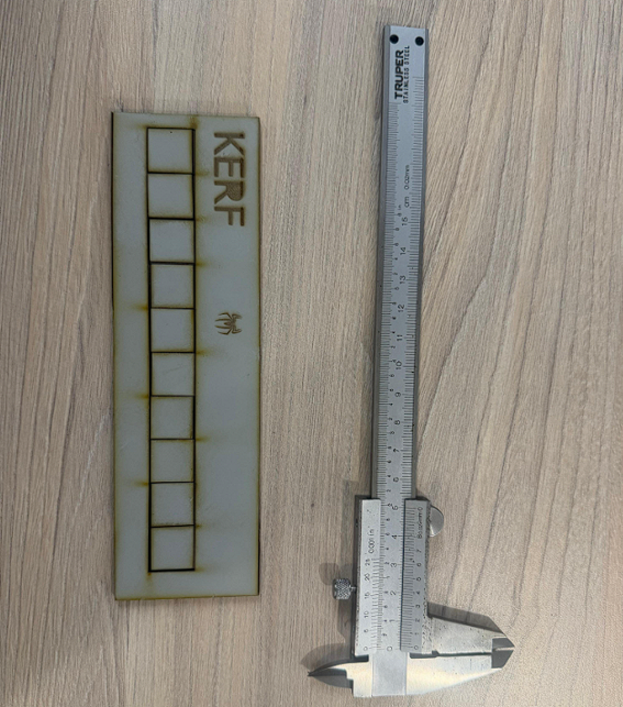 Kerf test piece and calipers