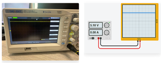 Oscilloscope 5V flat line and circuit diagram