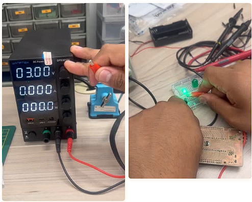 Wanptek 3.00V and green LED lit on breadboard