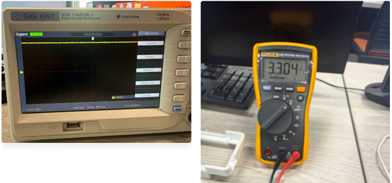 Oscilloscope 3.3V flat line + multimeter 3.304V