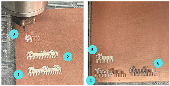 Six calibration test attempts on copper board