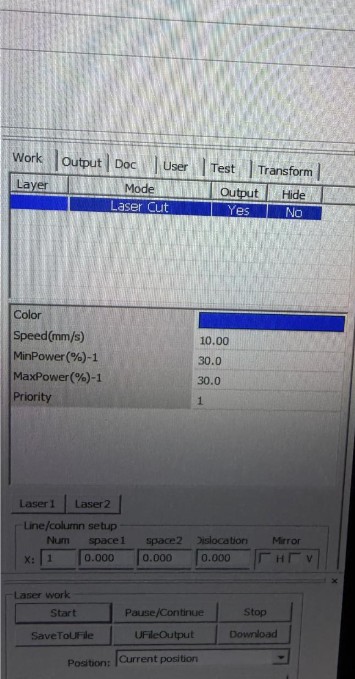 Laser cutting parameters — speed 10mm/s, power 30%
