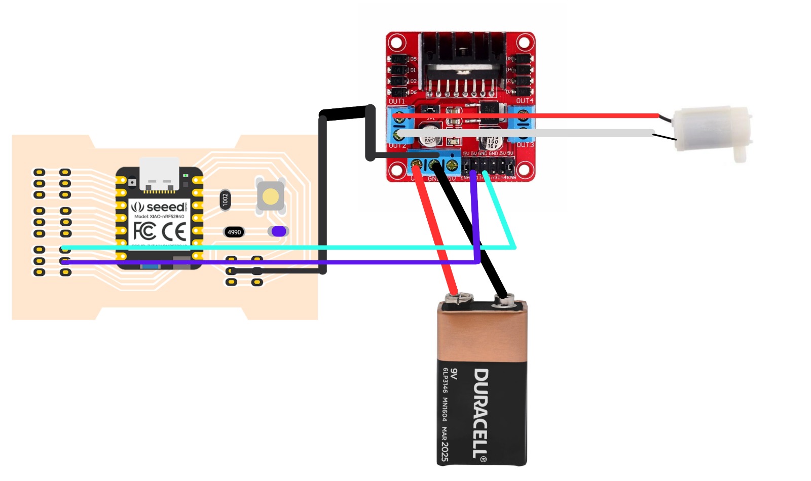 Full wiring: XIAO nRF52840 + L298N + air pump + 9V battery