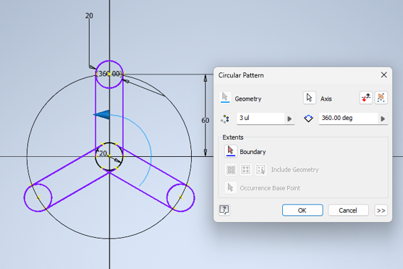 Circular pattern 3 arms 360 degrees