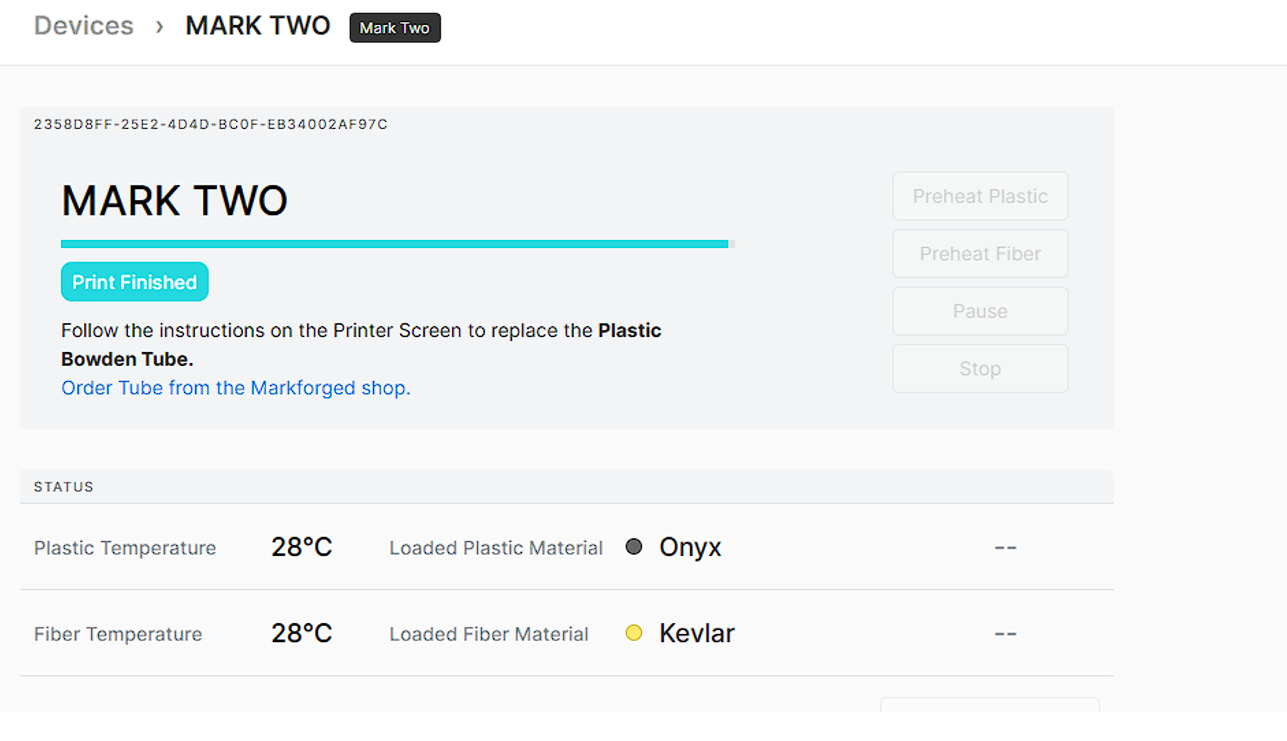 Mark Two device status showing print finished