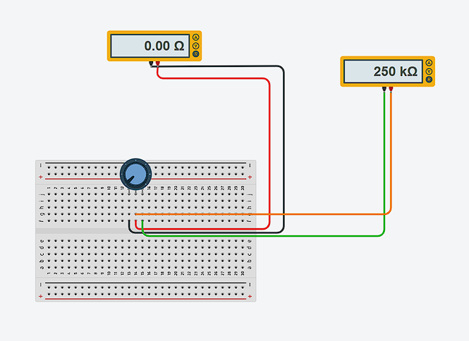 Potentiometer readings showing 0 ohms and 250 kilo-ohms