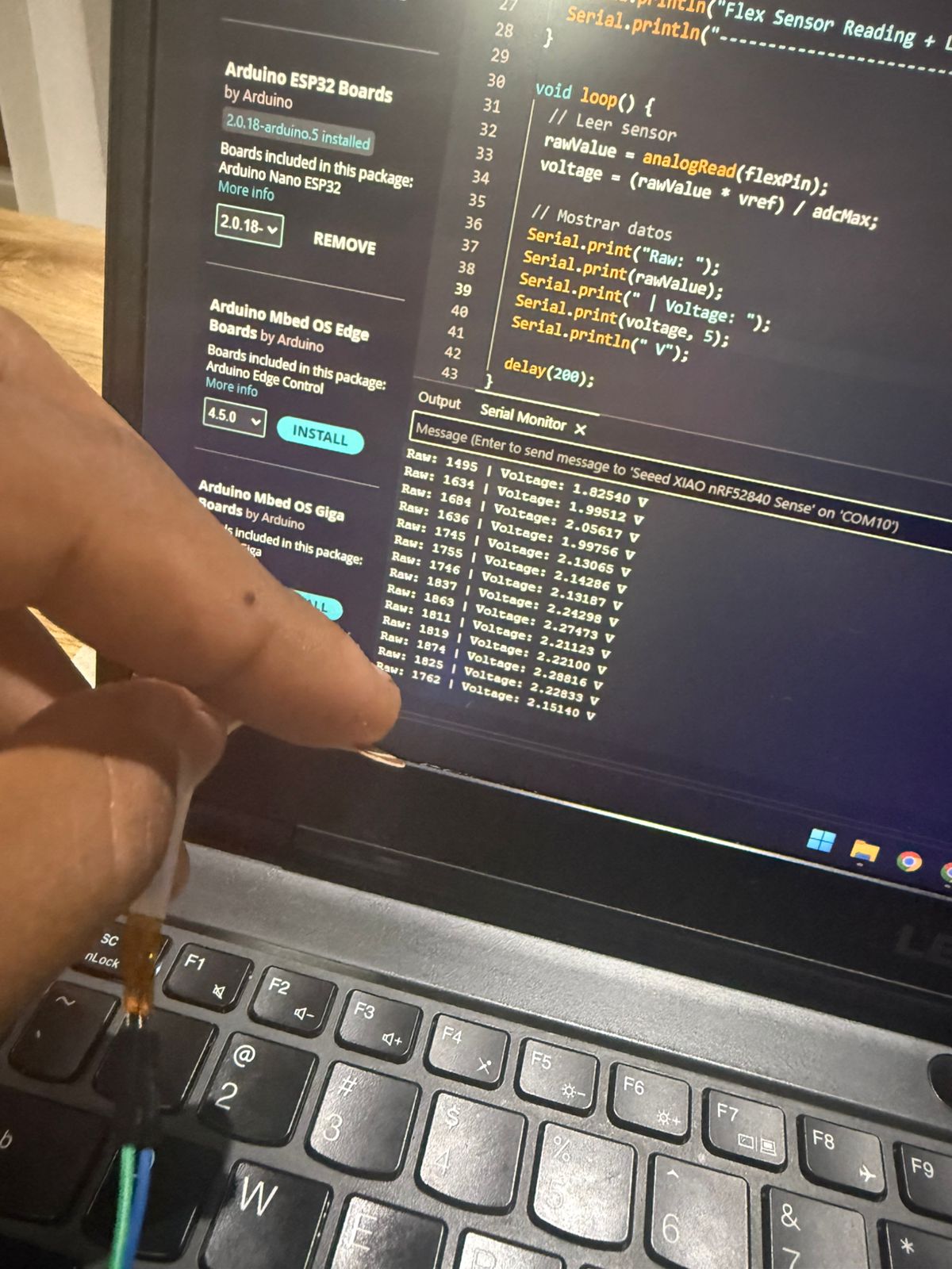 Serial Monitor showing the sensor values while bent