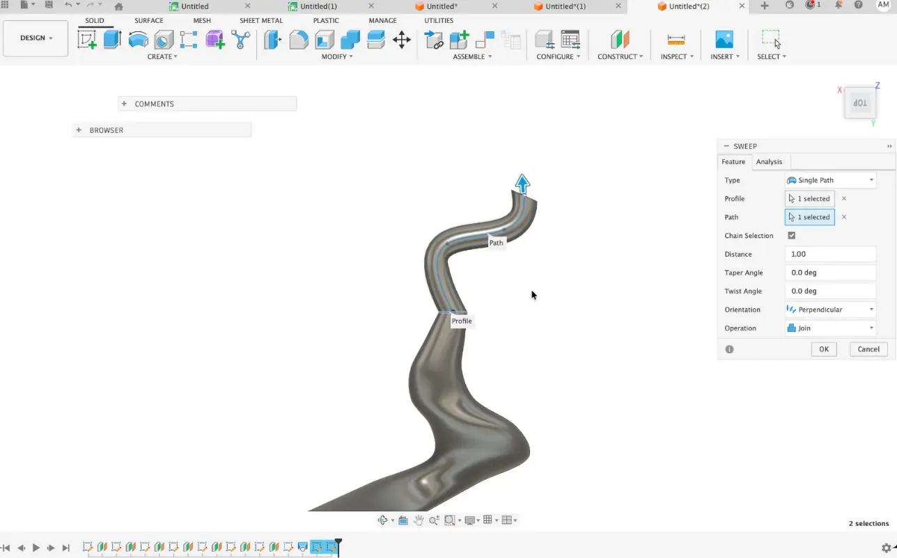 Corrected sweep path in Fusion 360