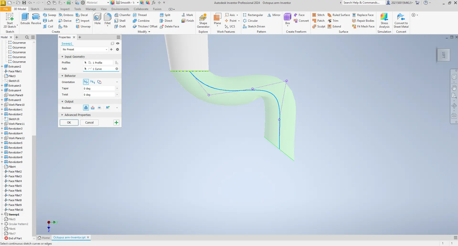 Inventor sweep feature