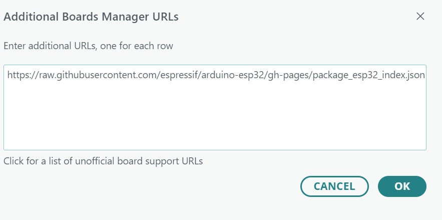 Pasting the ESP32 board manager URL