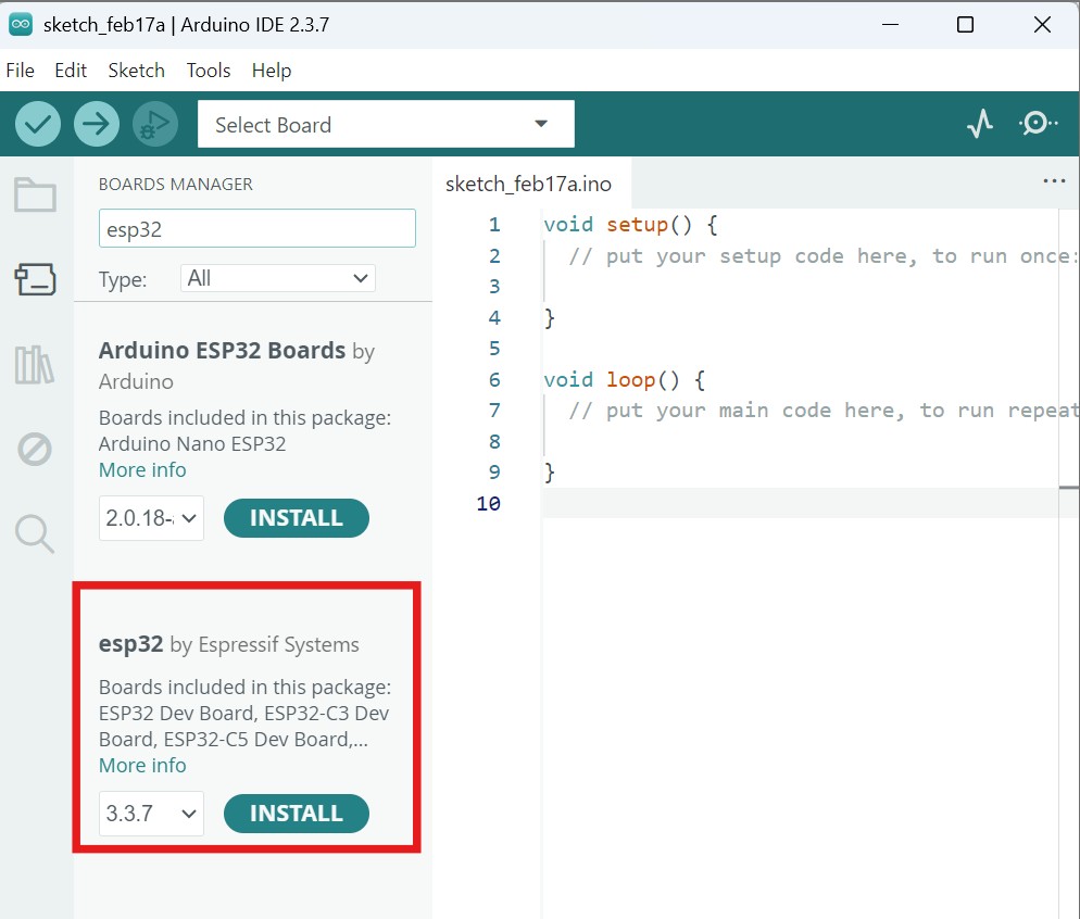 Installing ESP32 Core by Espressif Systems
