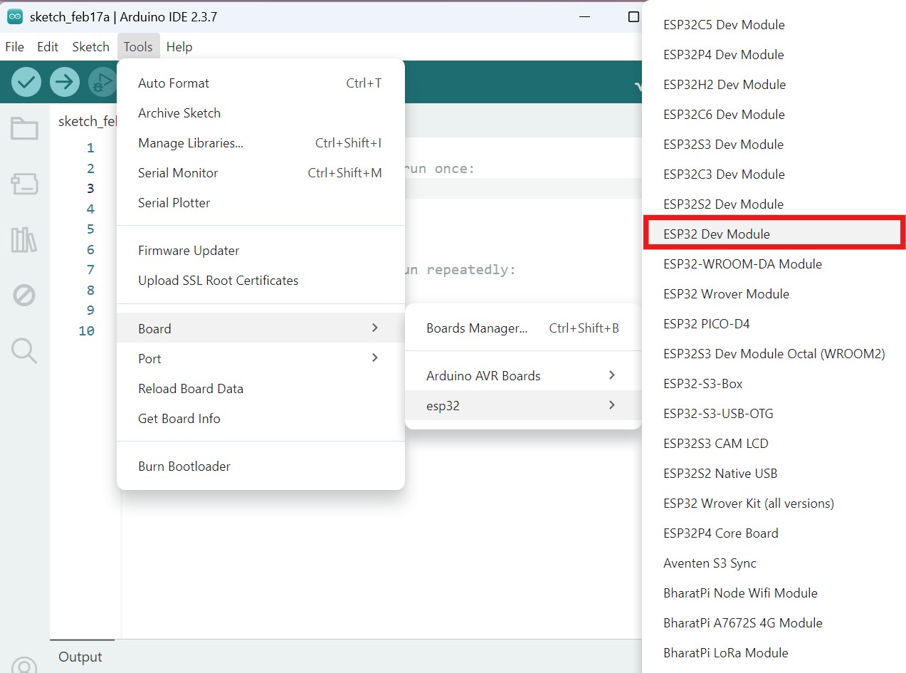 Selecting ESP32 Dev Module