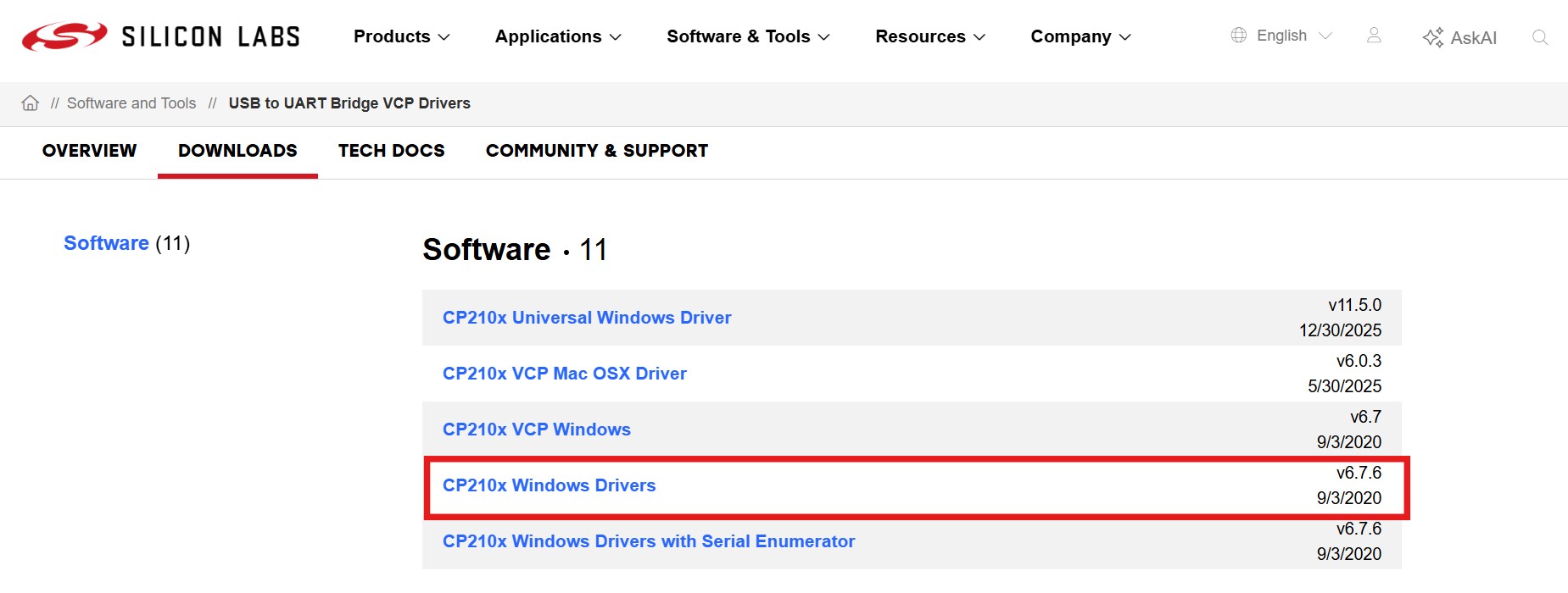 Silicon Labs driver download page