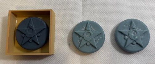 Final blue wax Sailor Moon brooches — demolded result