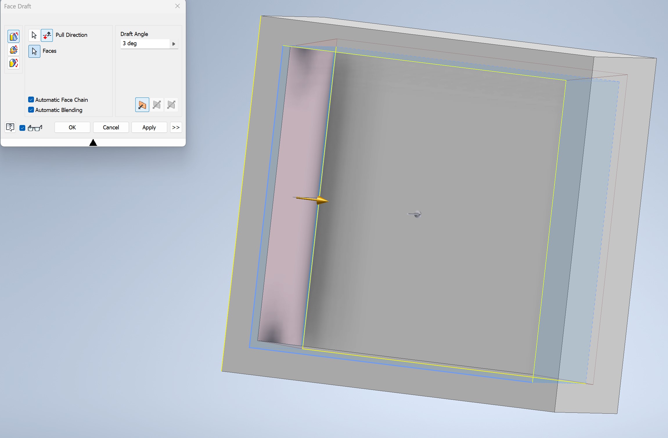 Mold frame with face draft applied in Inventor