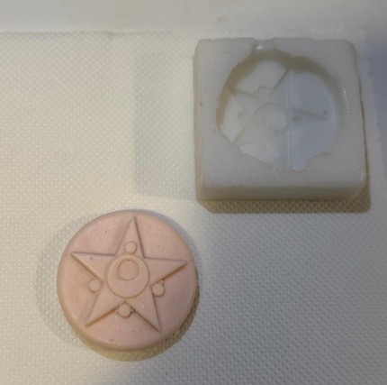 Final pink soap Sailor Moon brooch — top view