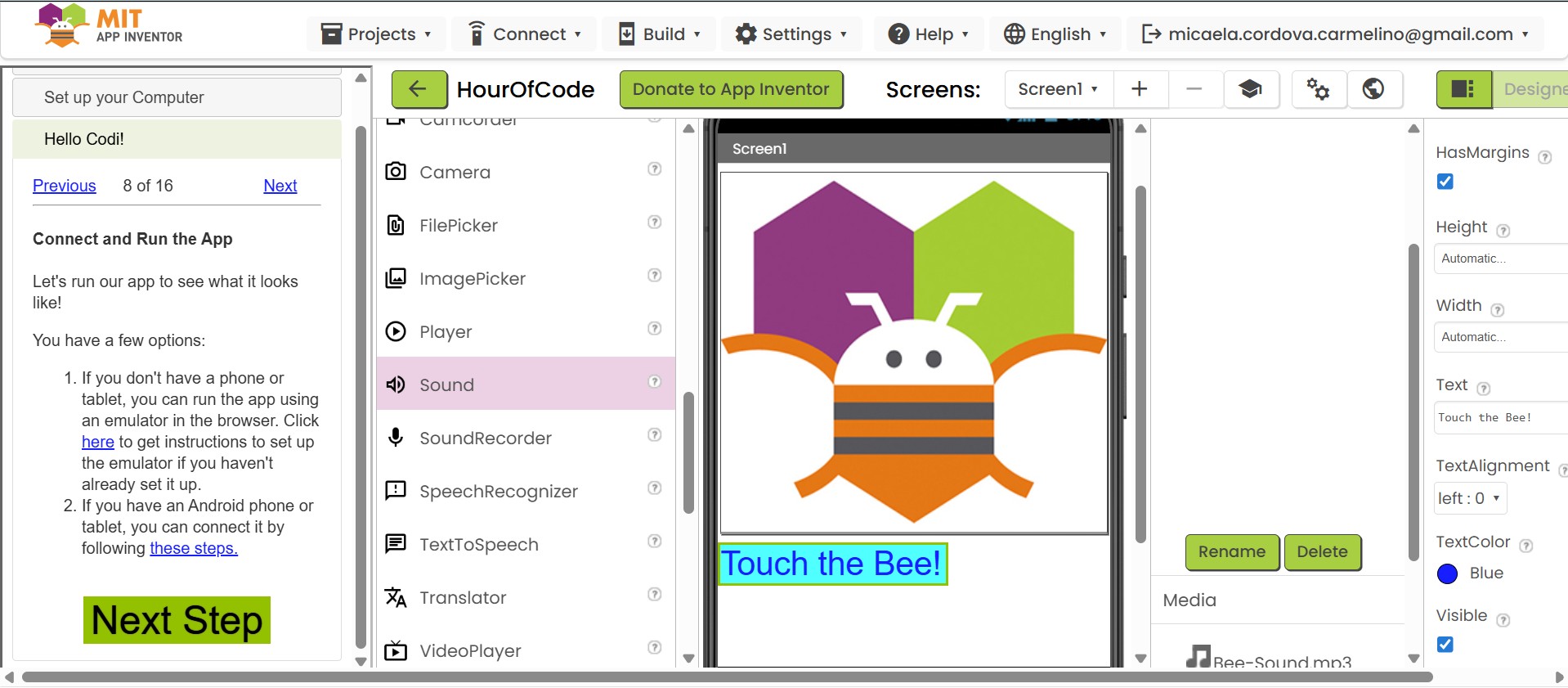 Hello Codi bee app in App Inventor designer view