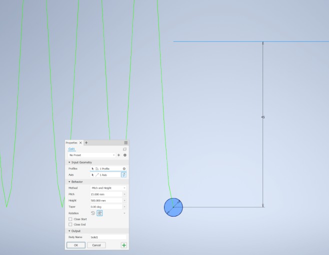 Coil parameters dialog in Inventor