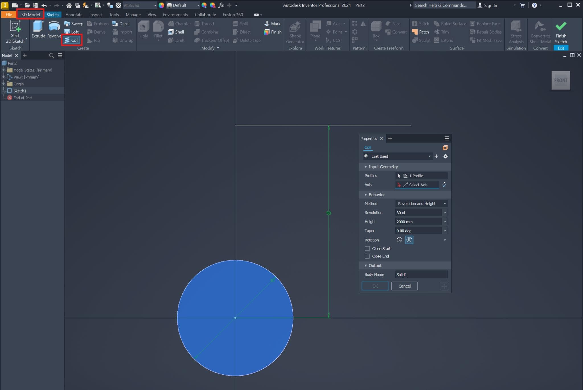 Base sketch with circle and reference axis