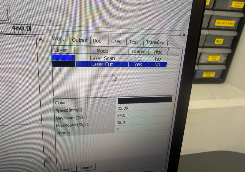 RDWorks Parameters - Power 35%, Speed 25%, Priority 2