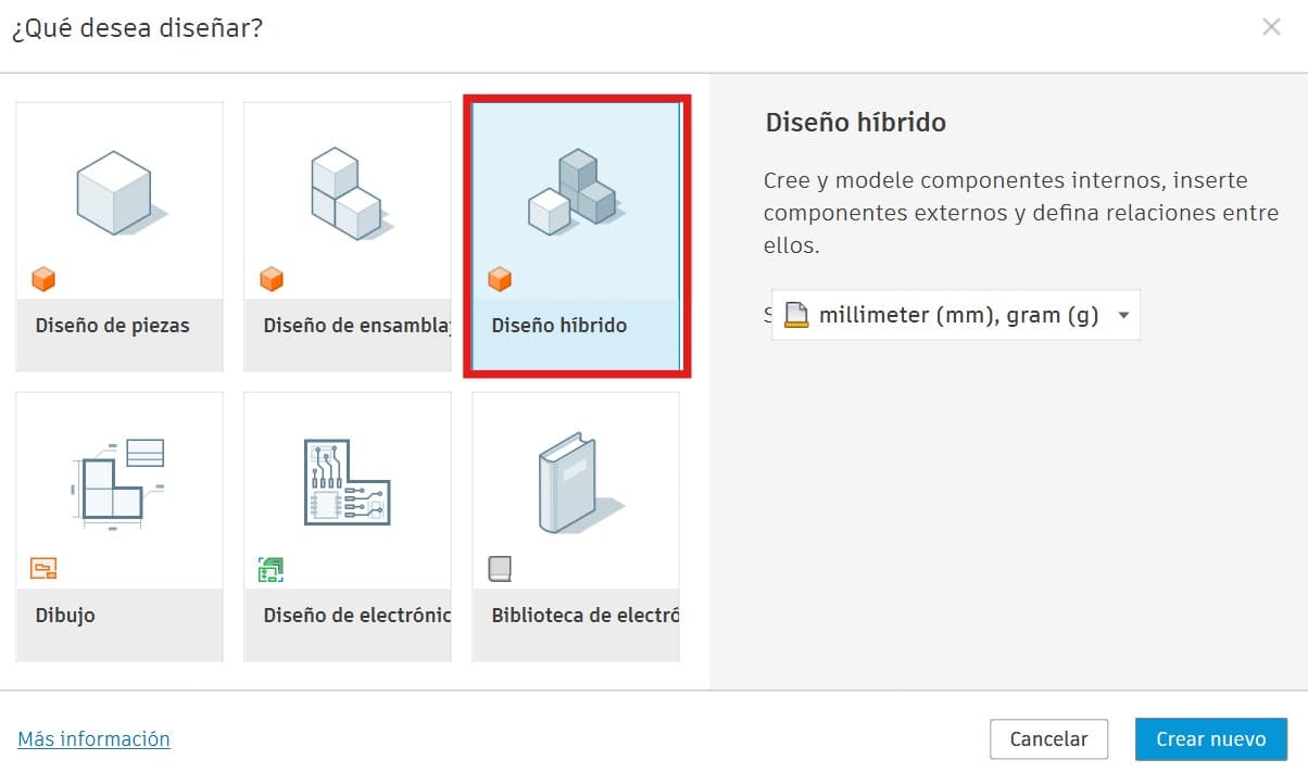 Fusion 360 hybrid design workspace
