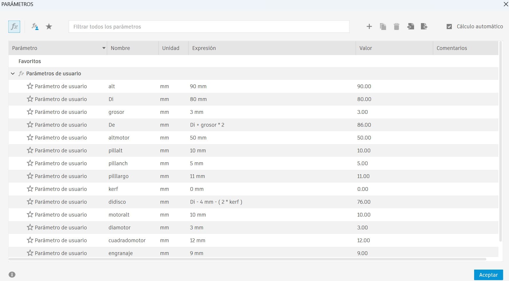 Fusion 360 user parameters table