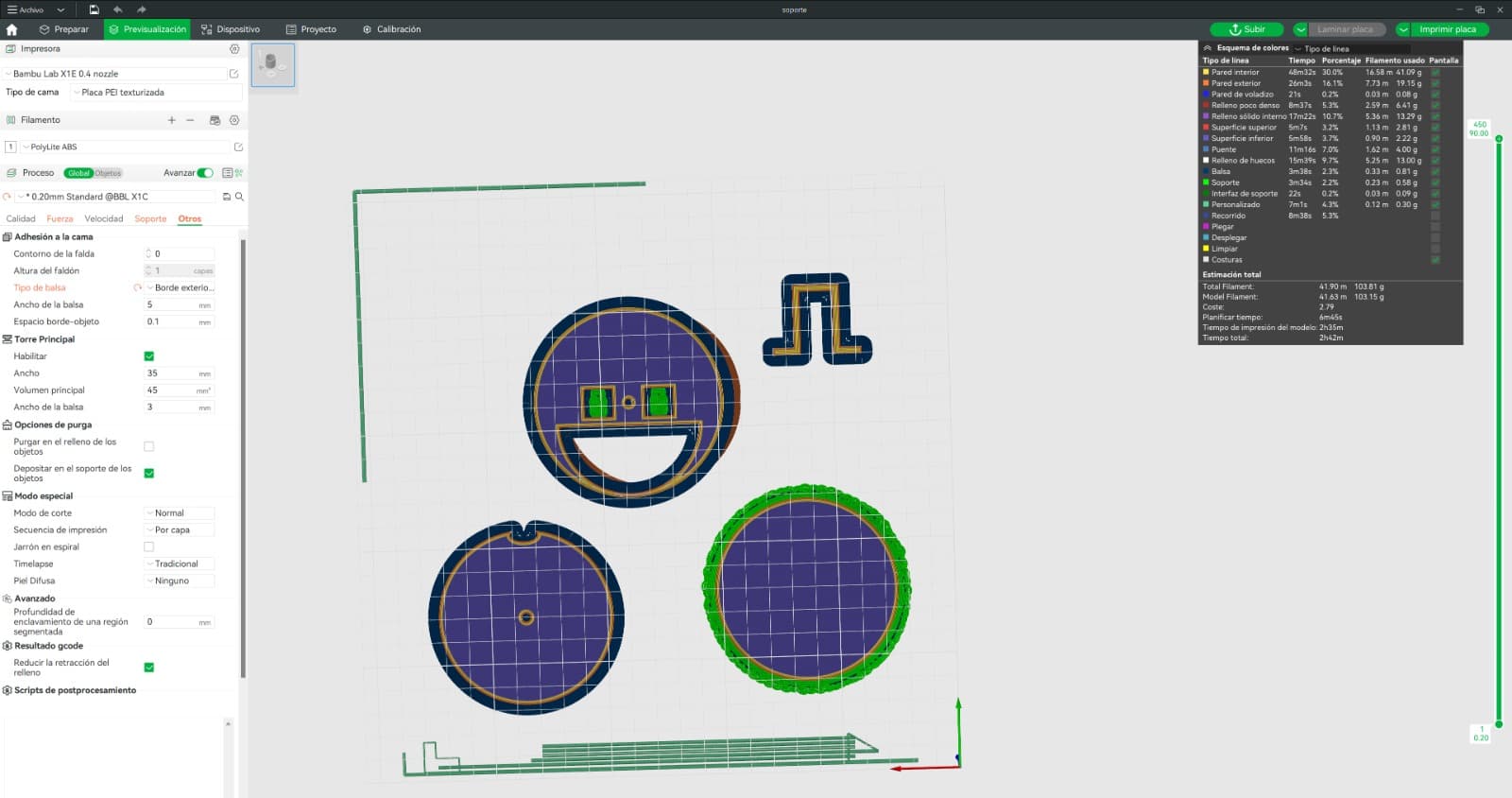 Slicer preview with time and material estimate