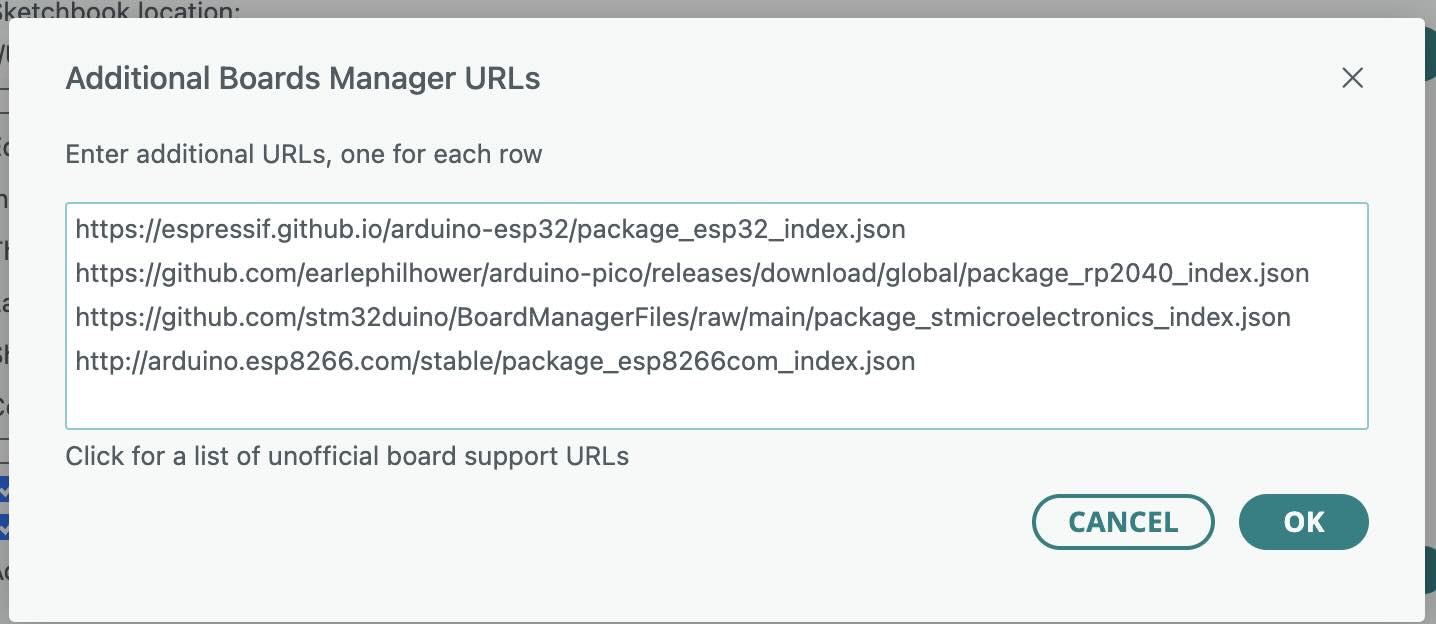 To install the board in the board manager, you need to add the URL for the boards in the settings. Separate the URLs wit