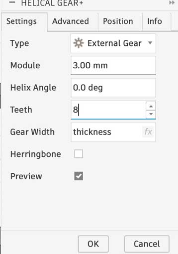 The settings for the pinion gear are: