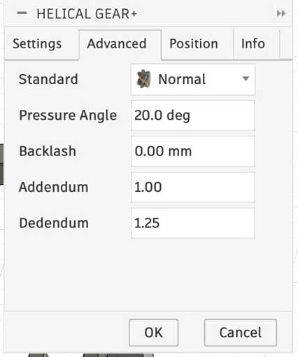 The settings for the pinion gear are: