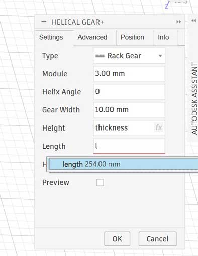 The settings for the rack gear are: