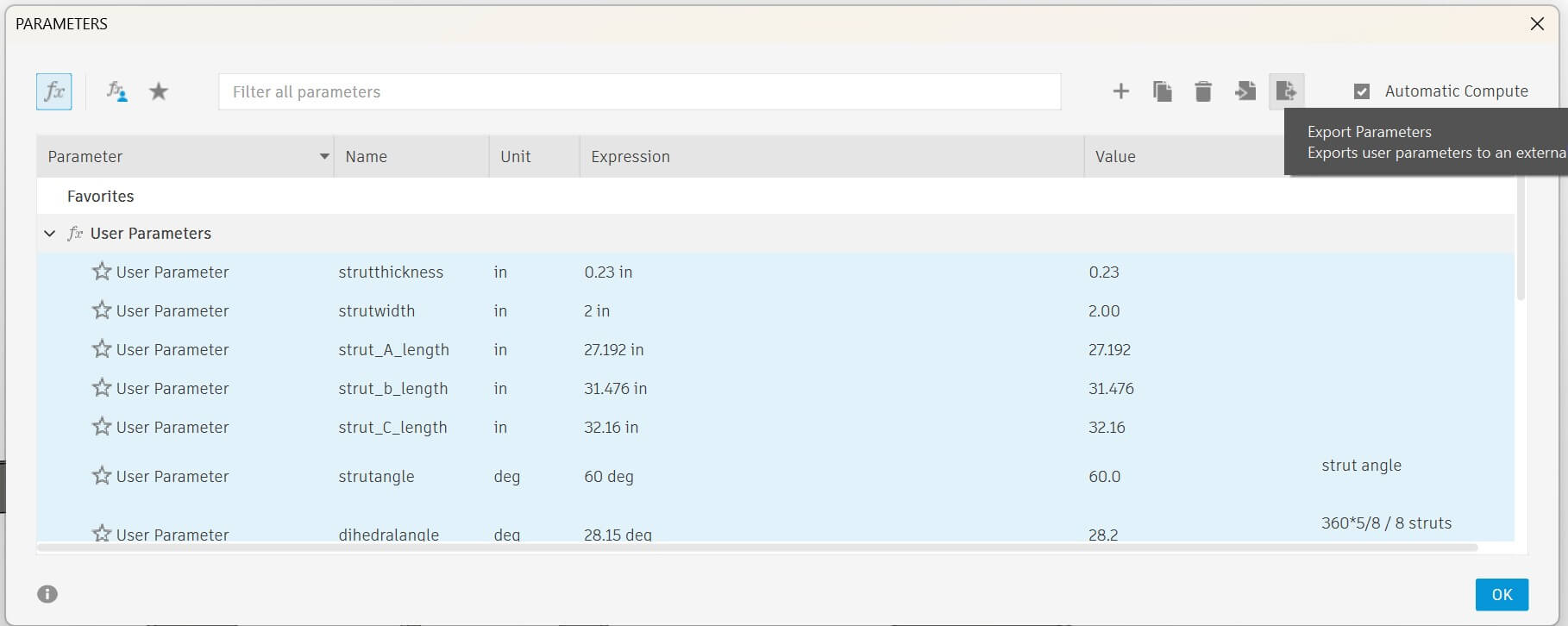 Fusion lets you import and export parameters
