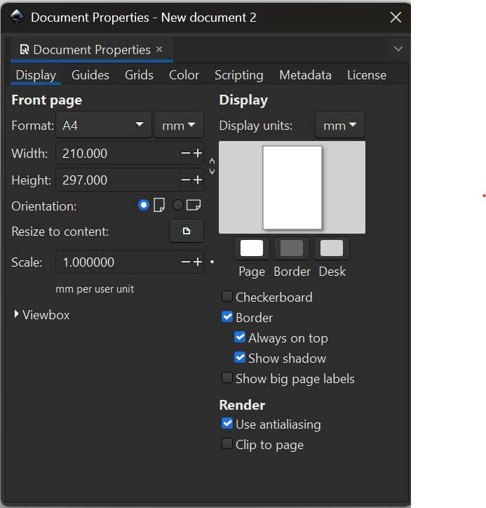 Document properties slection for Inkscape