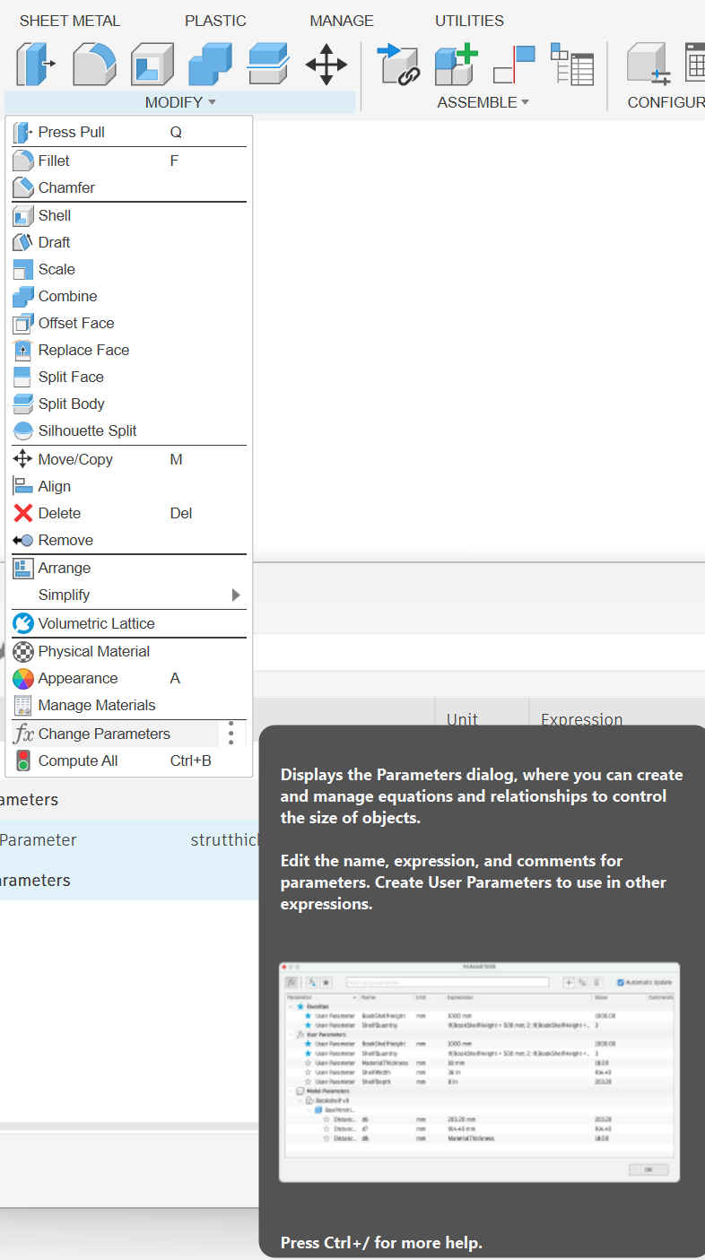 How to select the parameters control panel