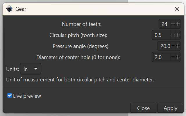Gears Control panel Inkscape
