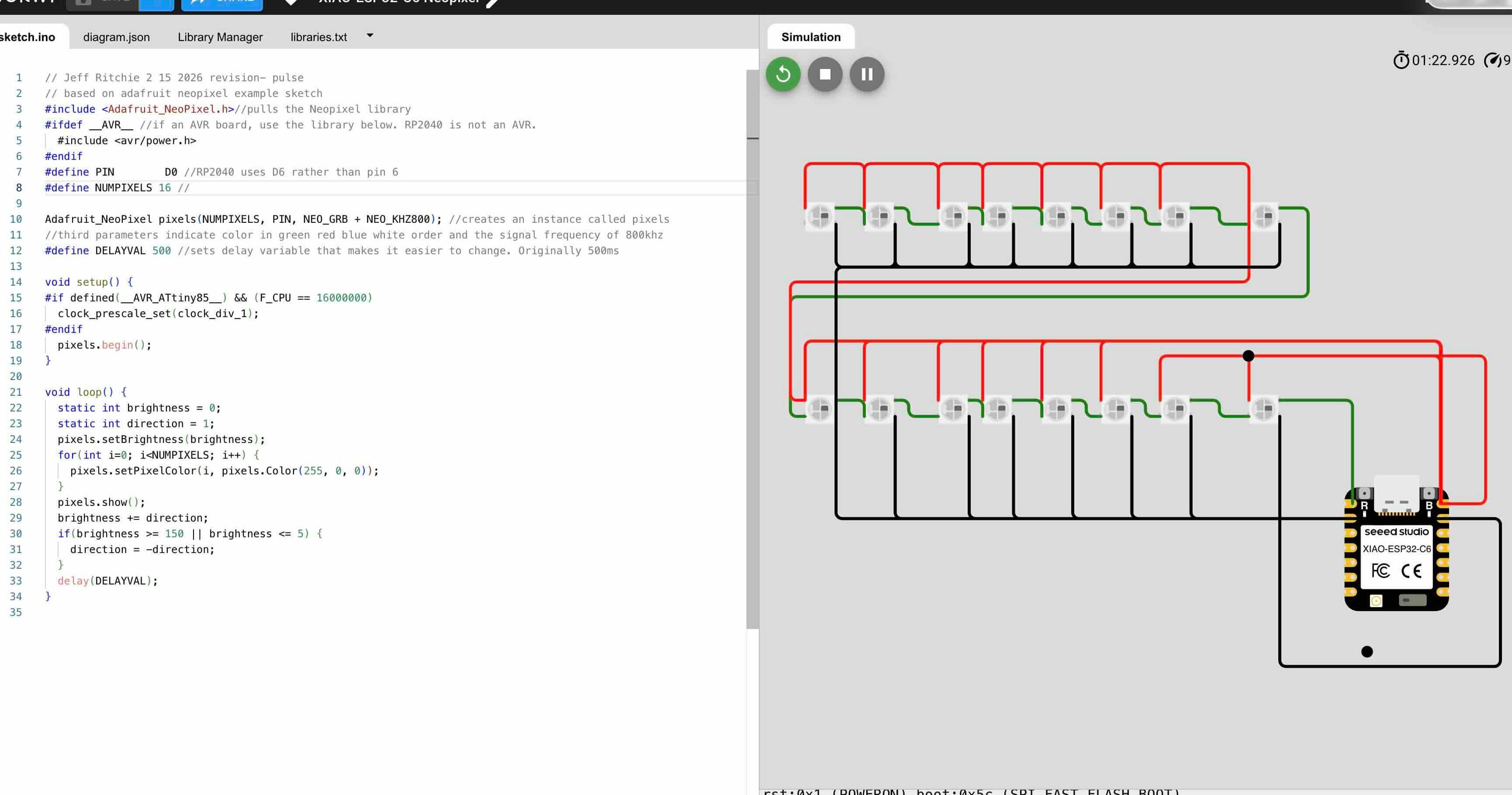 Wokwi simulation of a circuit using neopixels