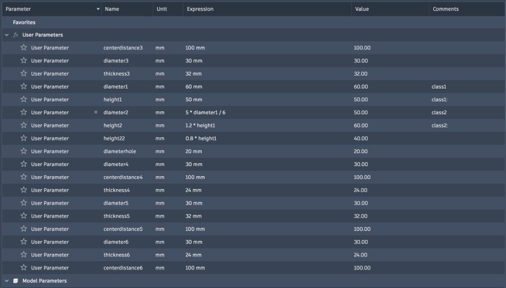 Fusion 360 — full user parameters table for the robotic arm
