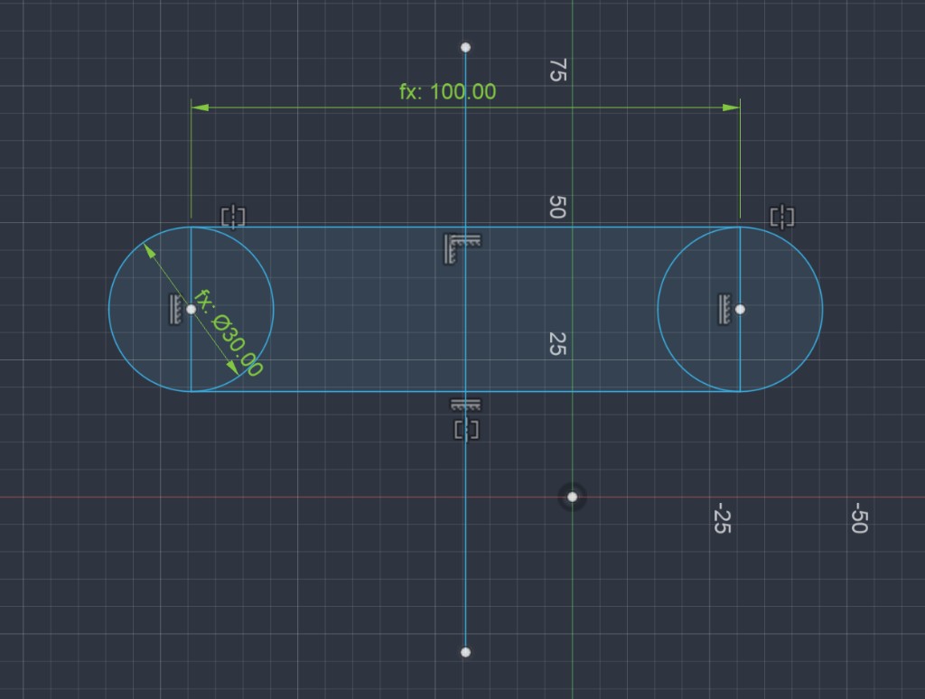Link part sketch — center distance 100, diameter ø30