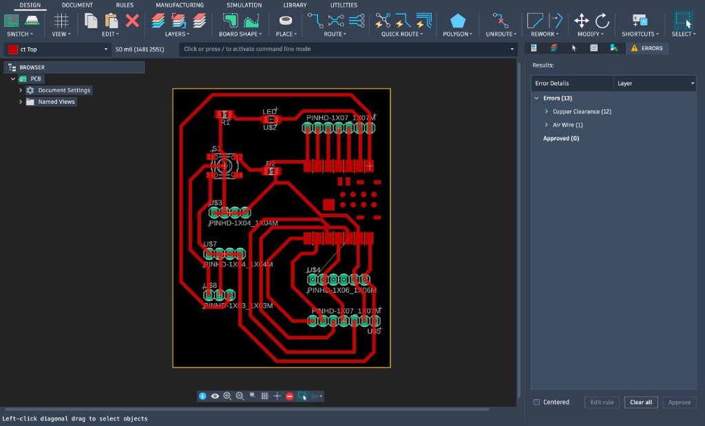 Fusion 360 electronics — latest 2D PCB layout with pin headers (revision V3)