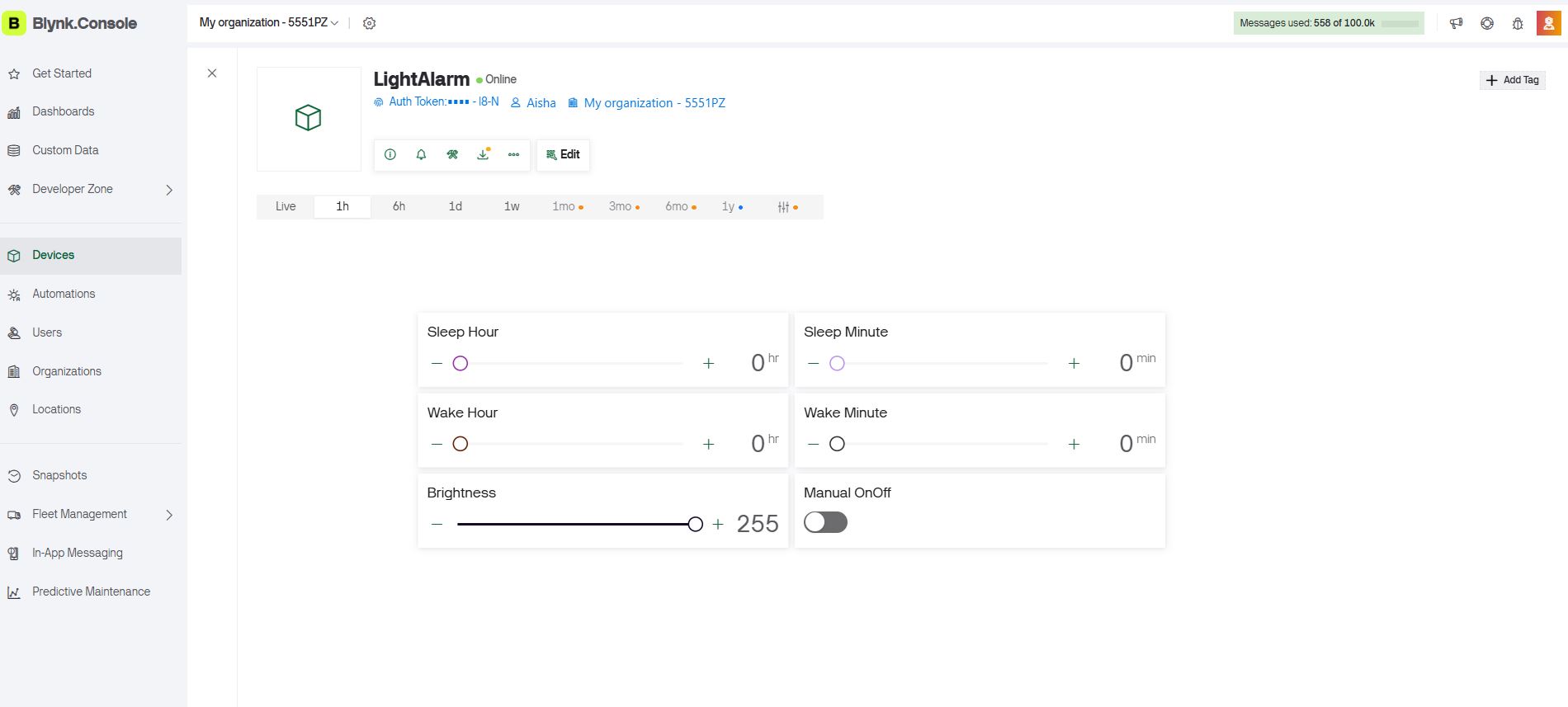 Blynk app dashboard